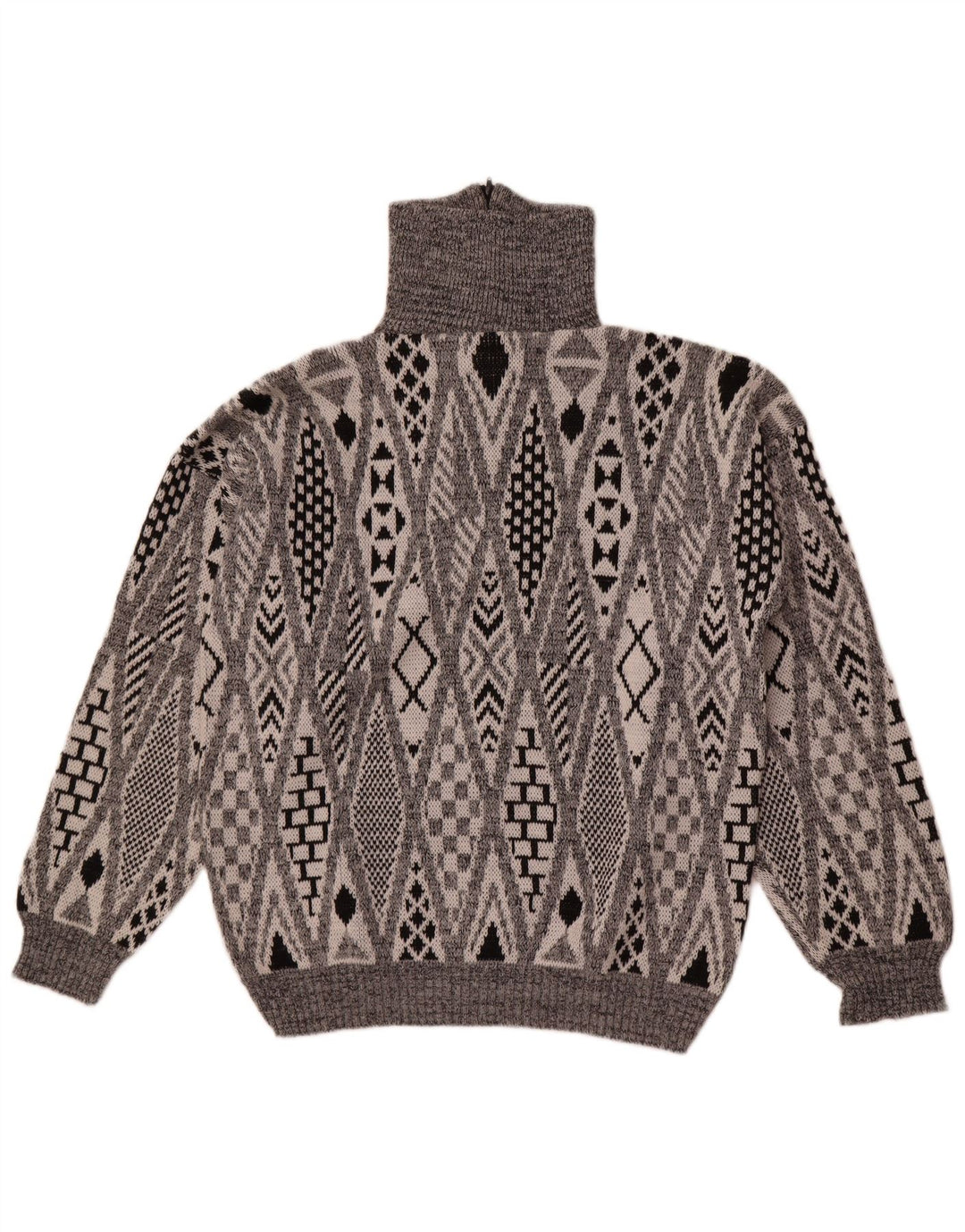 Vintage hombres zip cuello jumper suéter grande gris geométrico acrílico