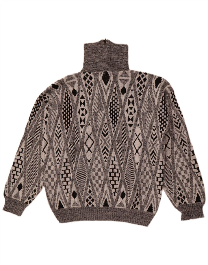 Vintage hombres zip cuello jumper suéter grande gris geométrico acrílico