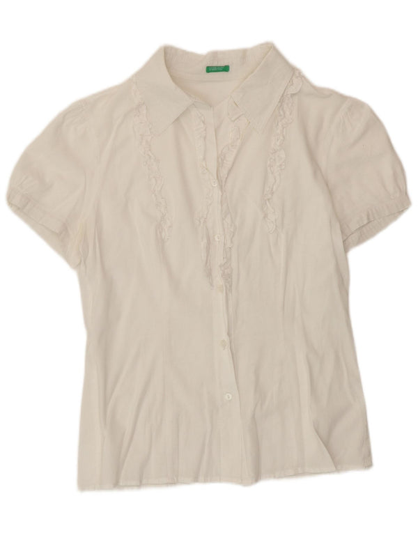 Benetton Blusa Camisera De Manga Corta Con Volantes En La Parte Delantera UK 42 Medium White