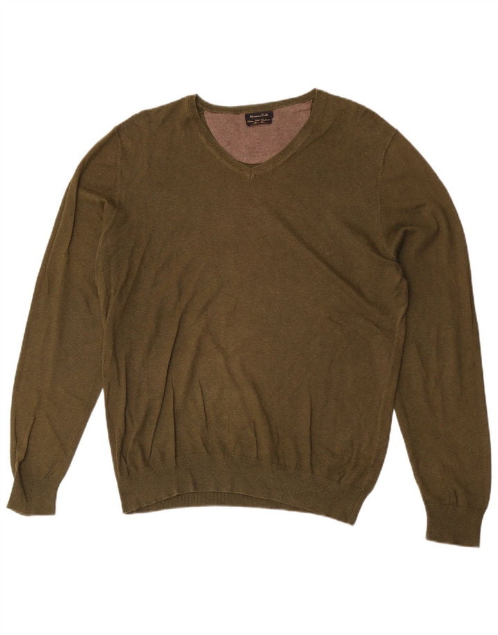 Massimo Dutti Jersey Cuello Pico Hombre Algodón Caqui Medio