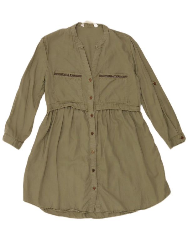 Zara Vestido Camisero De Manga Larga Para Mujer UK 10 Small Khaki