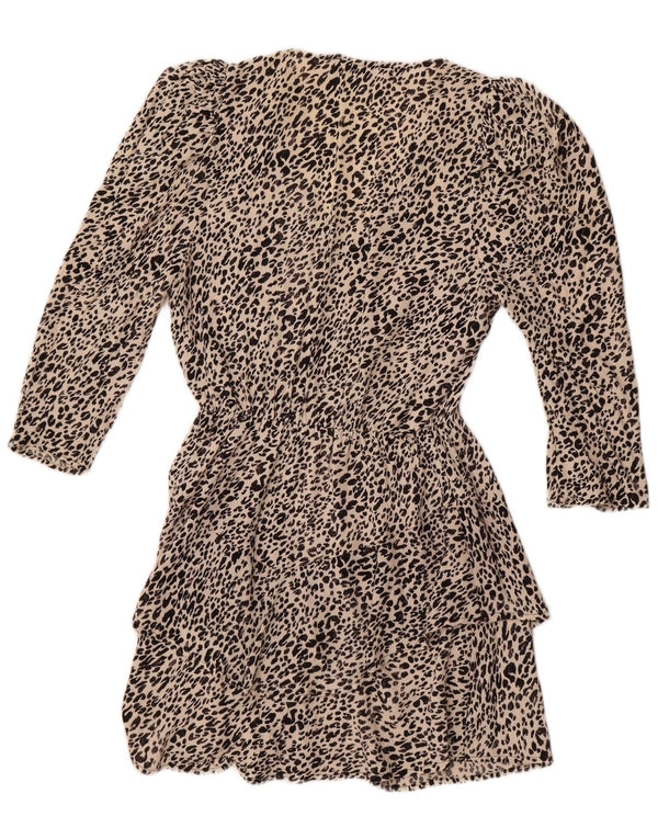 Zara Vestido Escalonado De Manga Larga para Mujer UK 40 Pequeño Estampado Animal Beige