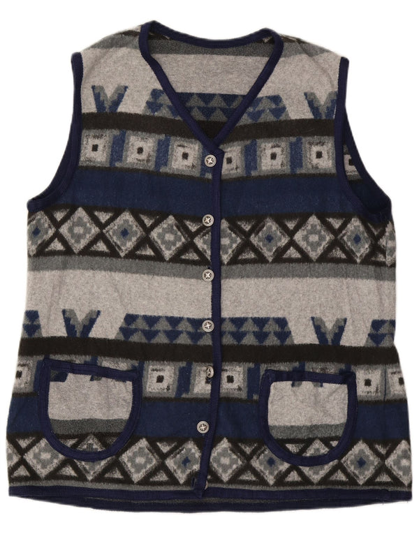 VINTAGE Mujer Fleece Gilet Reino Unido 16 Grande Azul Marino Geométrico