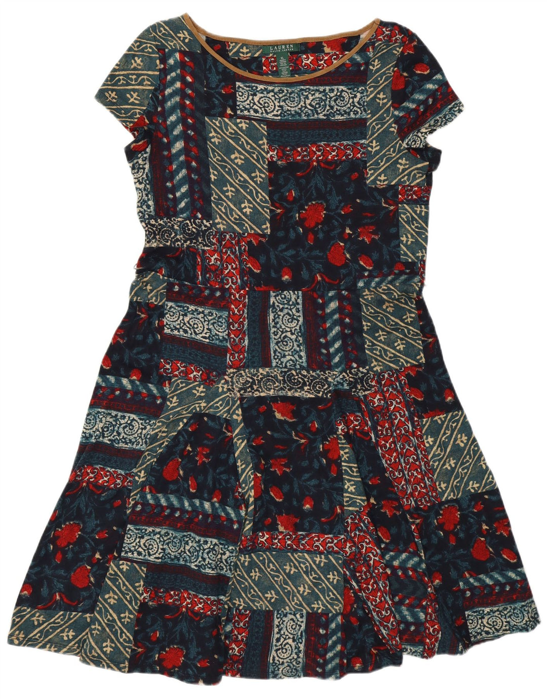 Ralph Lauren Vestido acampanado para mujer UK 18 XL Algodón patchwork multicolor