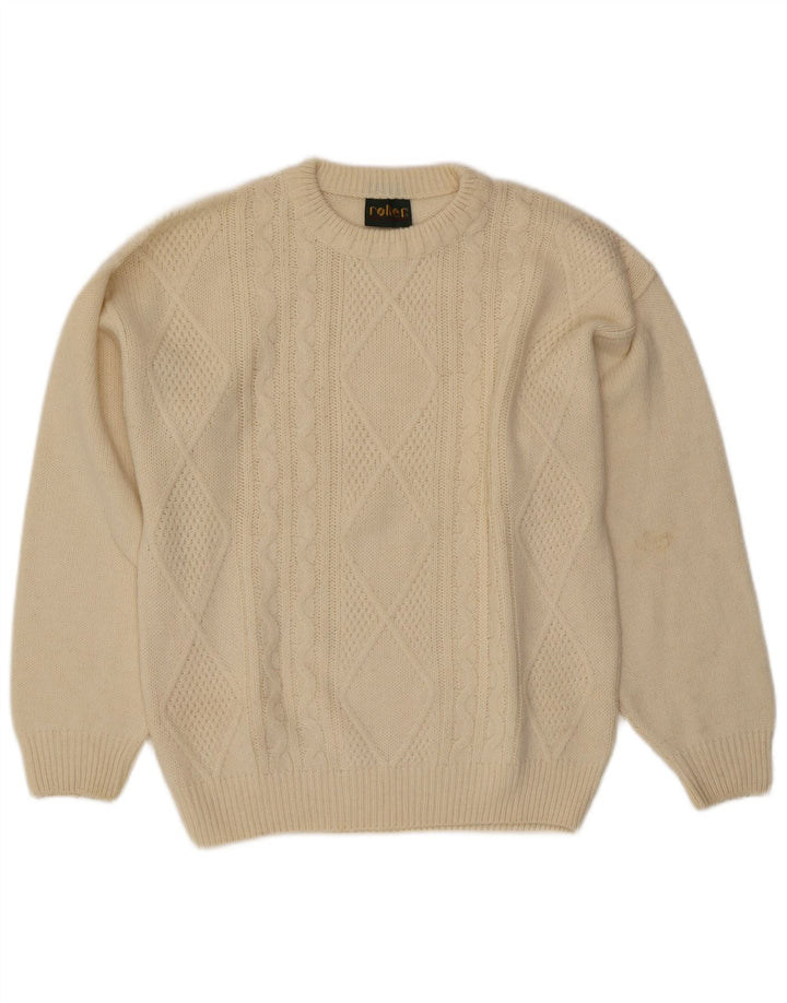 Vintage hombres cuello redondo jumper suéter grande de lana blanca Argyle/Diamond