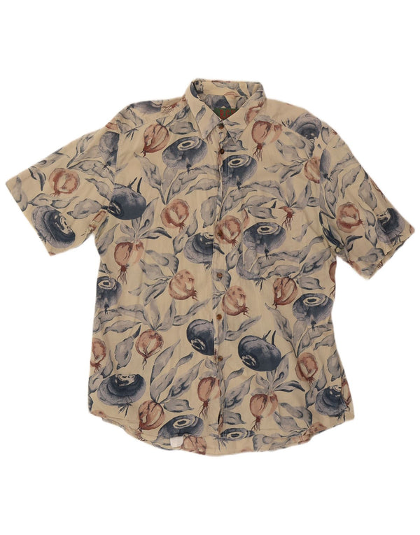Vintage hombres patrón abstracto camisa de manga corta algodón beige grande