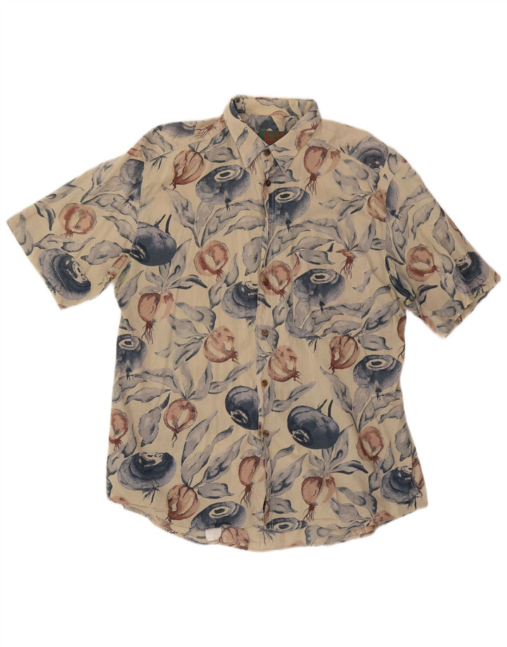 Vintage hombres patrón abstracto camisa de manga corta algodón beige grande