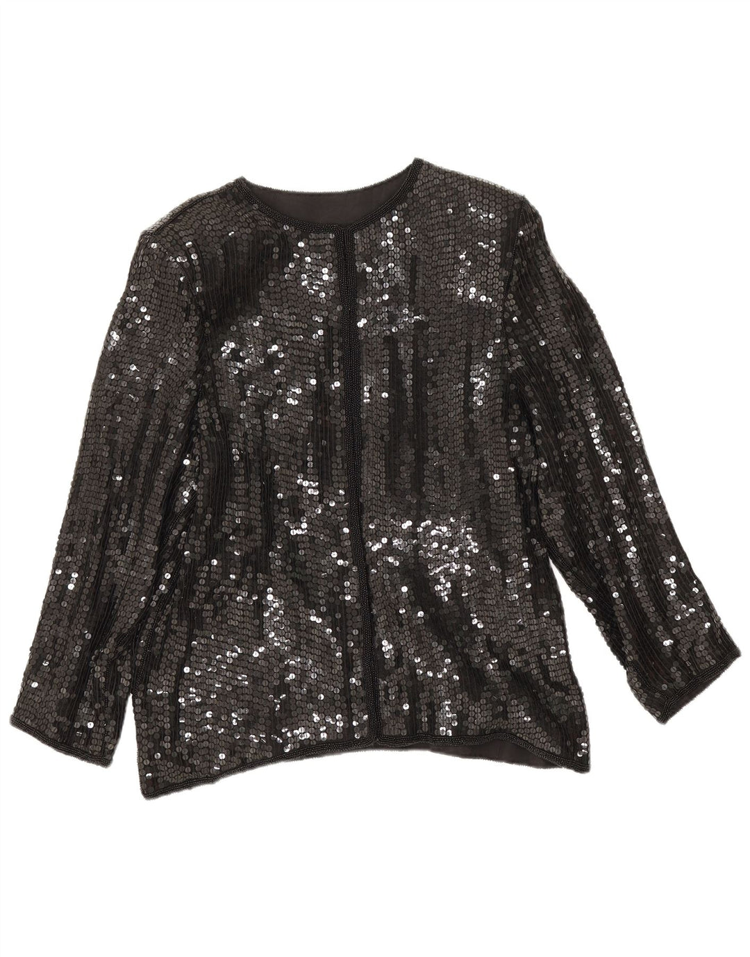Vintage mujer lentejuelas camisa blusa Reino Unido 14 seda negra mediana