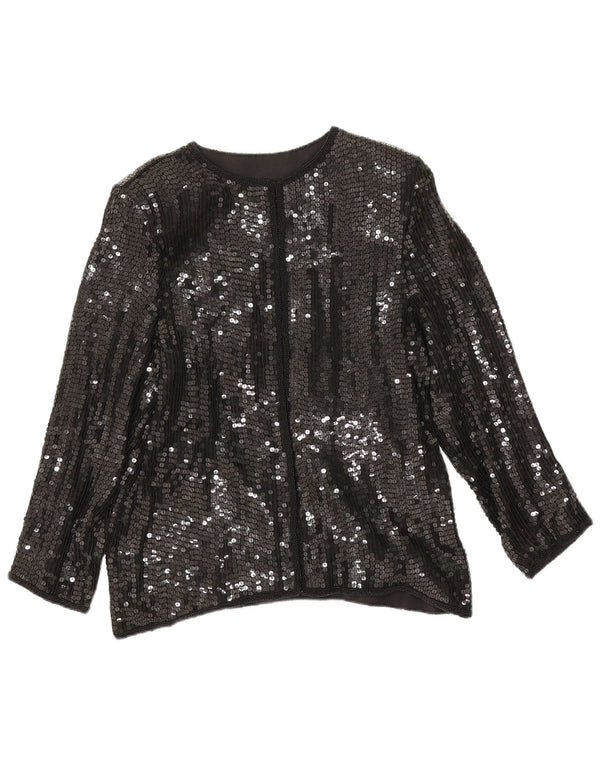Vintage mujer lentejuelas camisa blusa Reino Unido 14 seda negra mediana