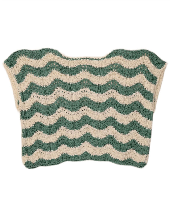 VINTAGE Mujeres Crop Crochet Chaleco Tank Top Reino Unido 14 Chevron Verde Medio
