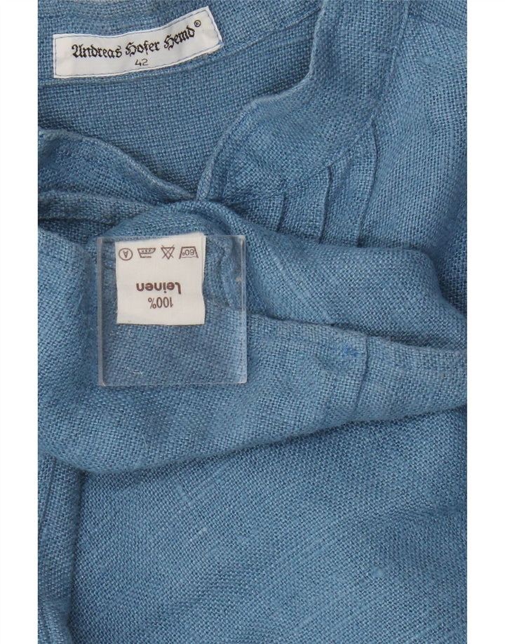 Vintage mujer manga larga blusa de gran tamaño Top EU 42 lino azul grande