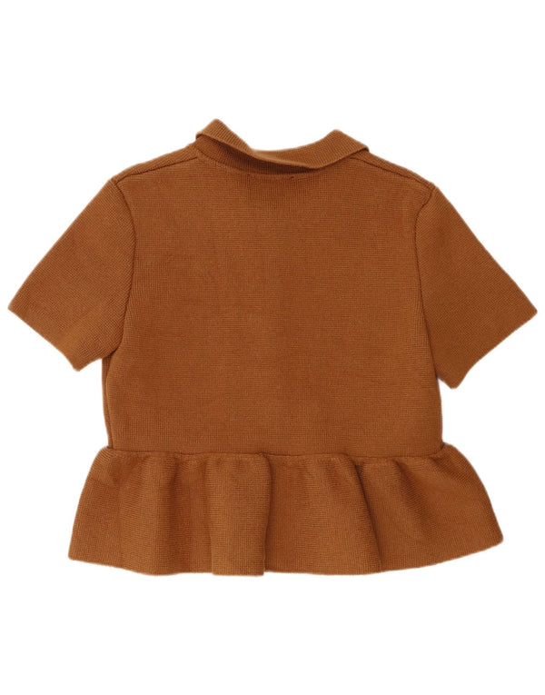 Zara Mujer Cárdigan De Manga Corta Top UK 44 Grande Algodón Marrón