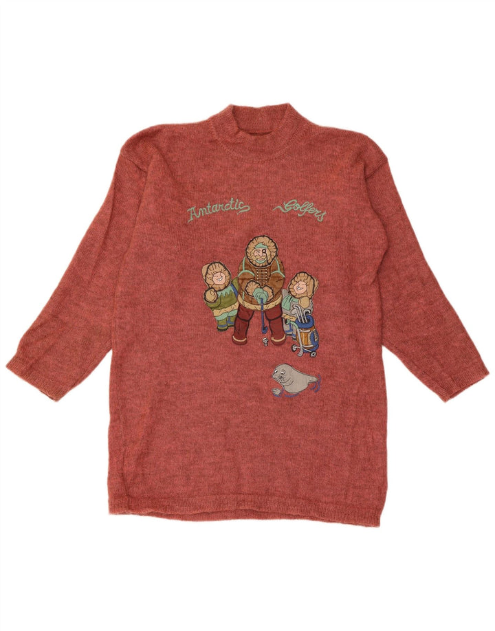 VINTAGE Mujer Gráfico Cuello Tortuga Jersey Suéter Reino Unido 14 Granate Medio