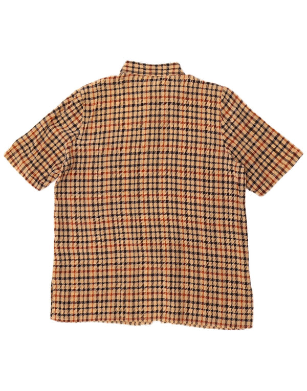 Vintage mujer camisa de manga corta Reino Unido 18 XL marrón Houndstooth seda