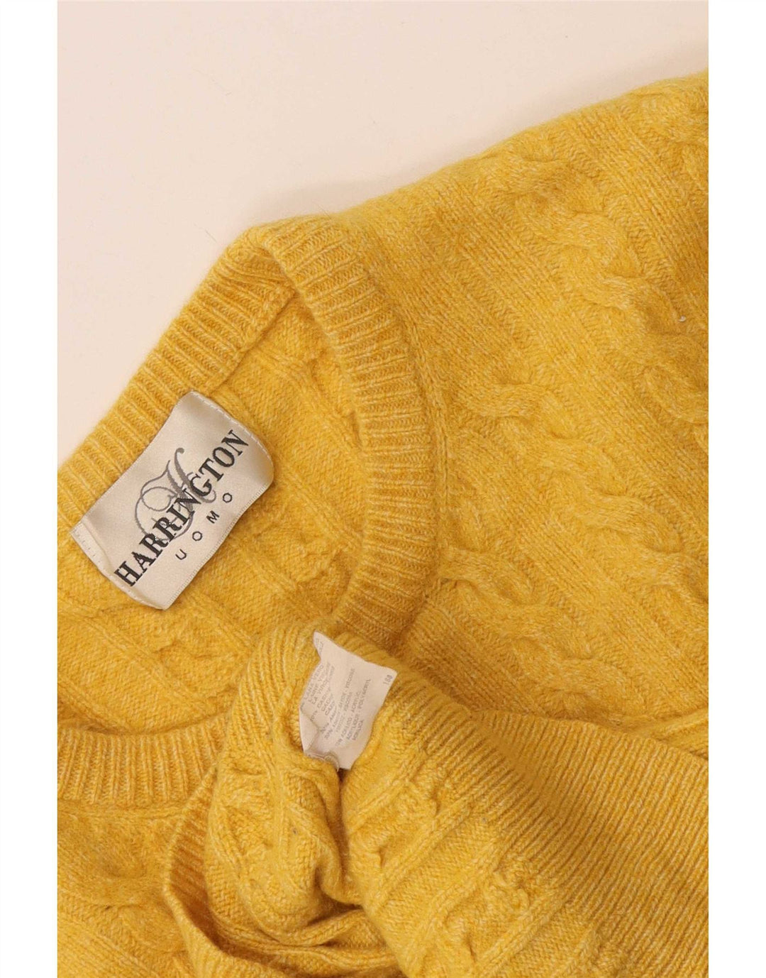 Vintage hombres cuello redondo jersey suéter pequeño amarillo lana virgen