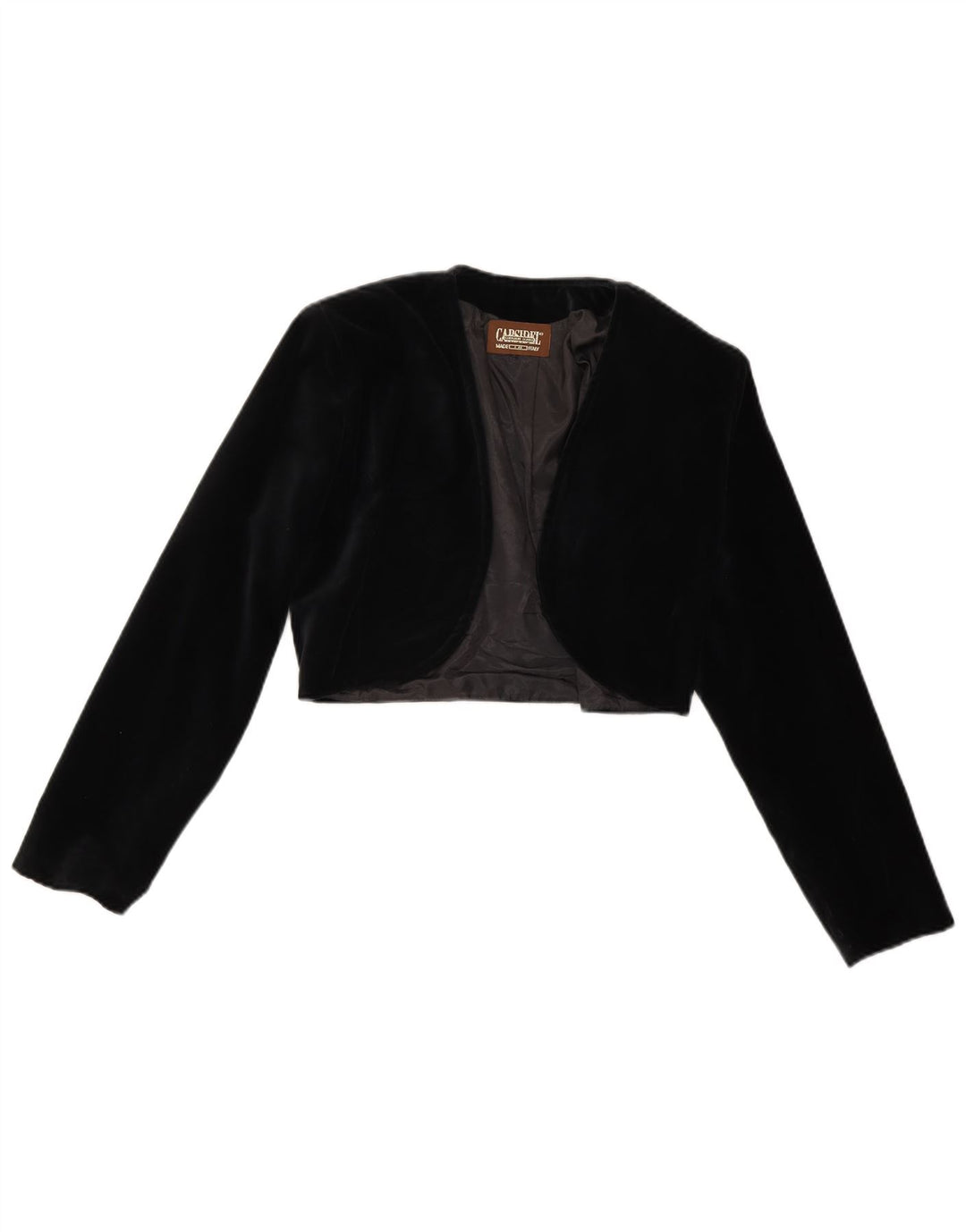 Vintage mujer terciopelo abierto chaqueta bolero Reino Unido 14 poliéster negro medio