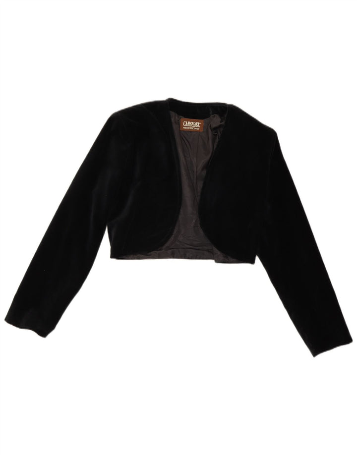 Vintage mujer terciopelo abierto chaqueta bolero Reino Unido 14 poliéster negro medio