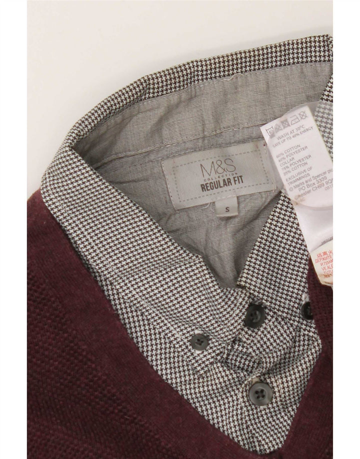 Marks & Spencer Suéter tipo jersey con cuello tipo polo para hombre, talla pequeña, color burdeos
