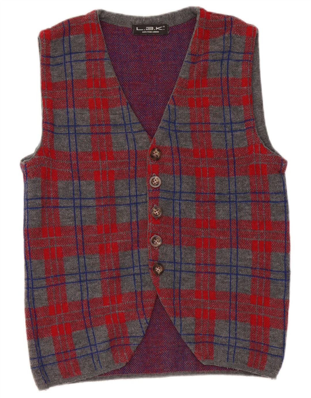 Vintage hombres sin mangas Cardigan suéter pequeño gris comprobar lana