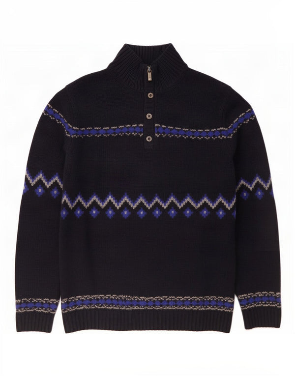 Massimo Dutti Hombre Jersey De Cuello Con Botones Sueter Large Azul Marino Fair Isle