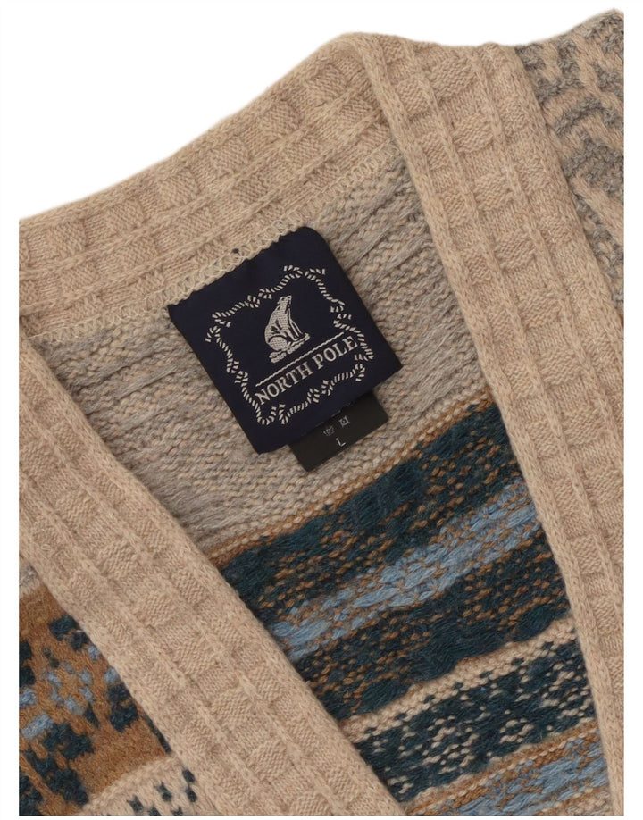 Polo Norte Hombre Cárdigan Suéter Grande Beige Fair Isle Lana