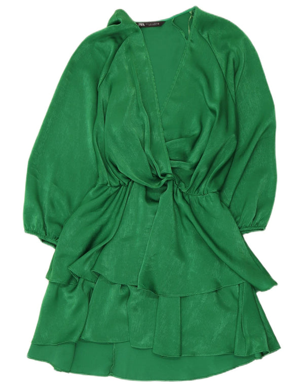 Zara Mujer Vestido Escalonado De Manga 3/4 UK 40 Pequeño Poliéster Verde