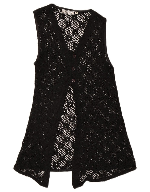 Vintage mujeres sin mangas ver a través de Cardigan Top Reino Unido 12 Negro Medio
