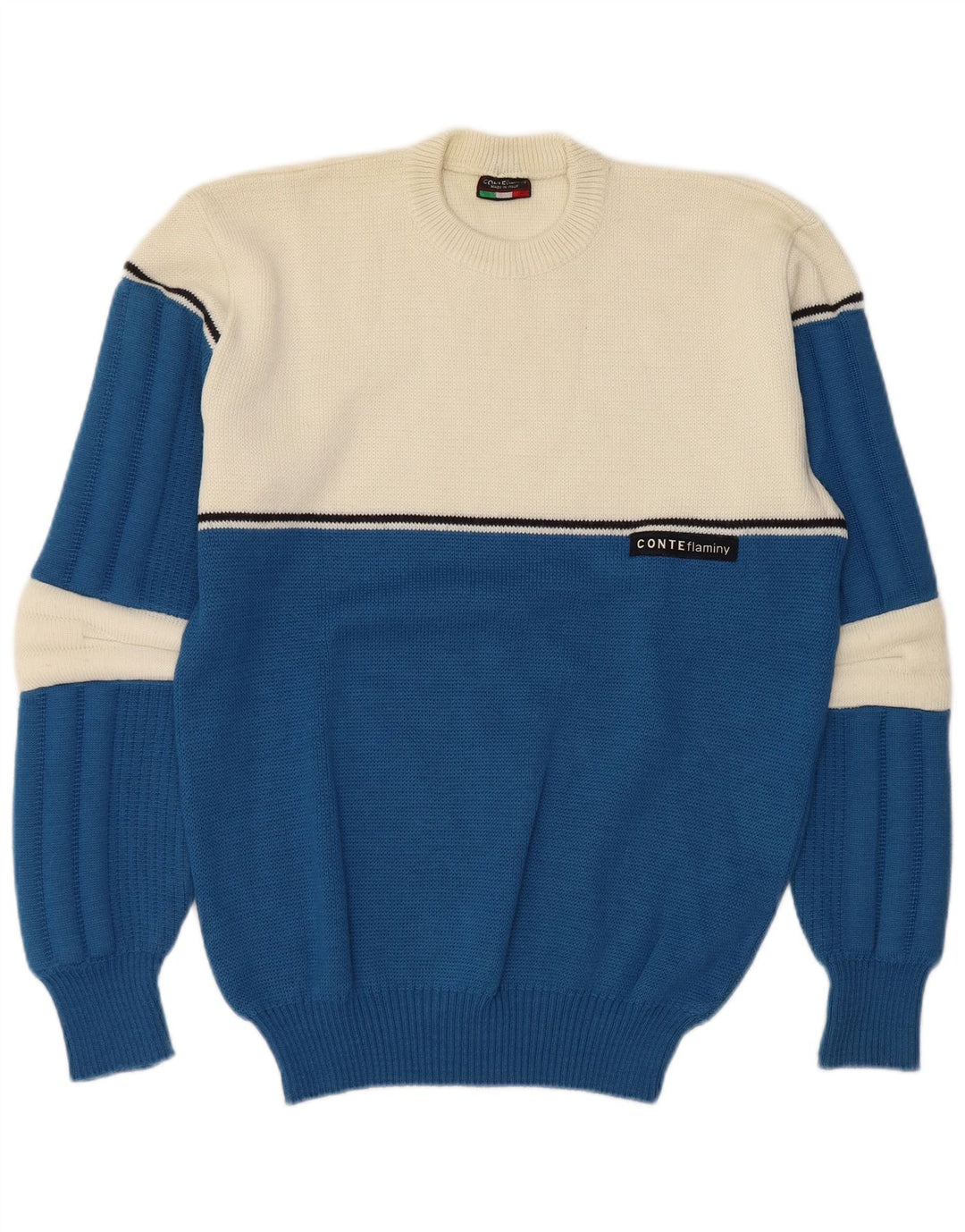 Vintage hombres cuello redondo jersey suéter grande azul colorblock lana