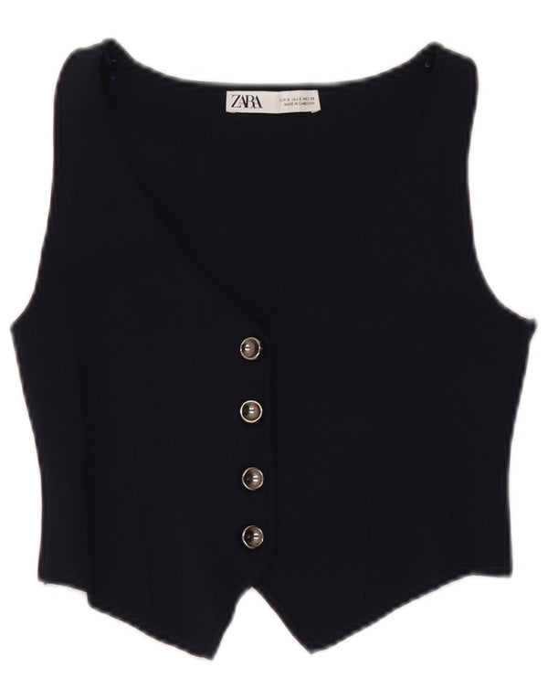 Zara Mujer Crop Knit Chaleco UK 10 Small Azul Marino