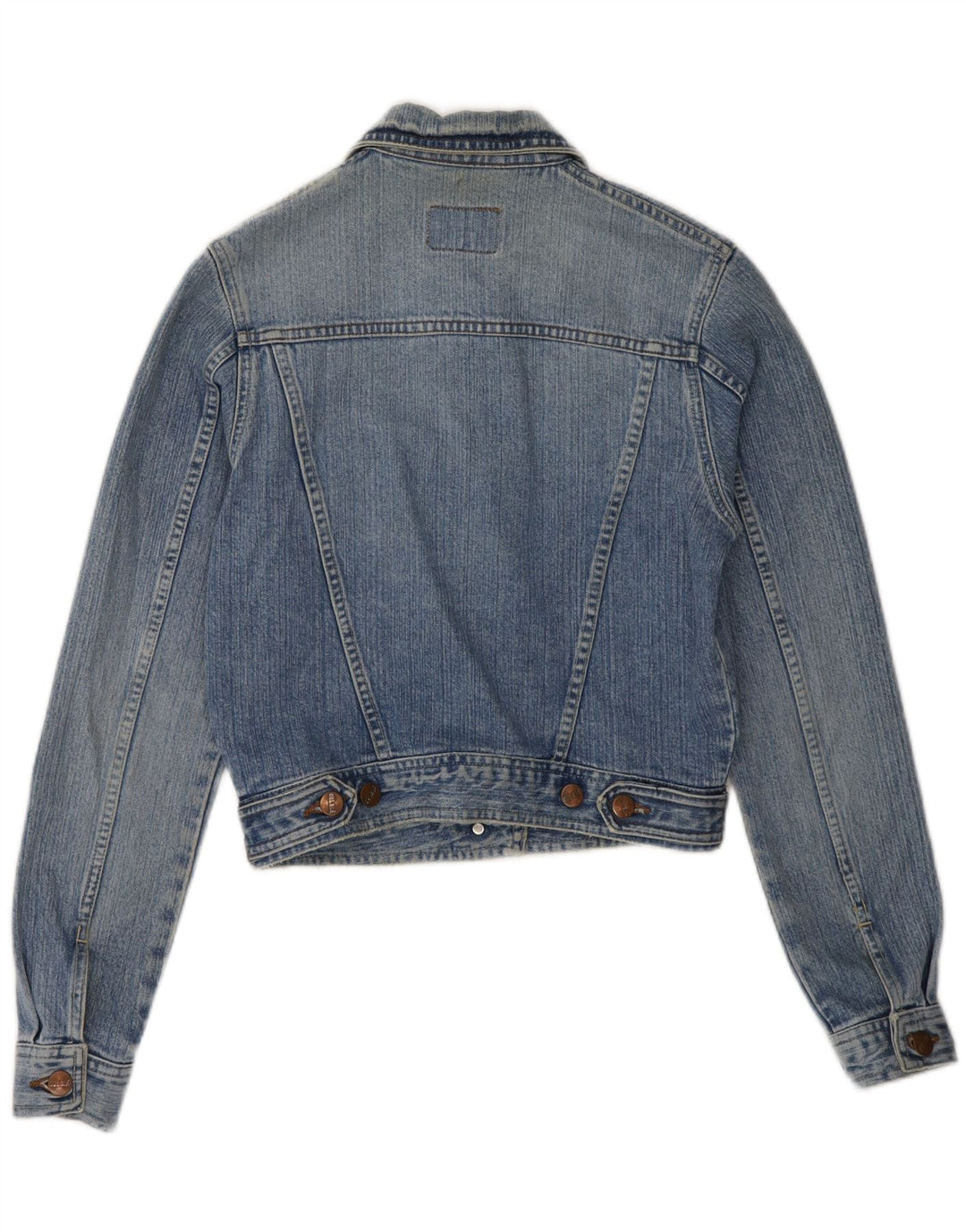 VINTAGE Womens Crop Denim Jacket UK 12 Medium Blue Cotton Vintage Vintage and Second-Hand Vintage from Messina Hembry 