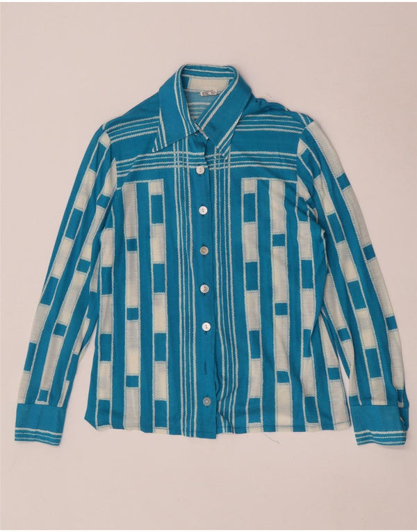 Vintage mujer camisa blusa Reino Unido 14 medio azul geométrico poliacrílico