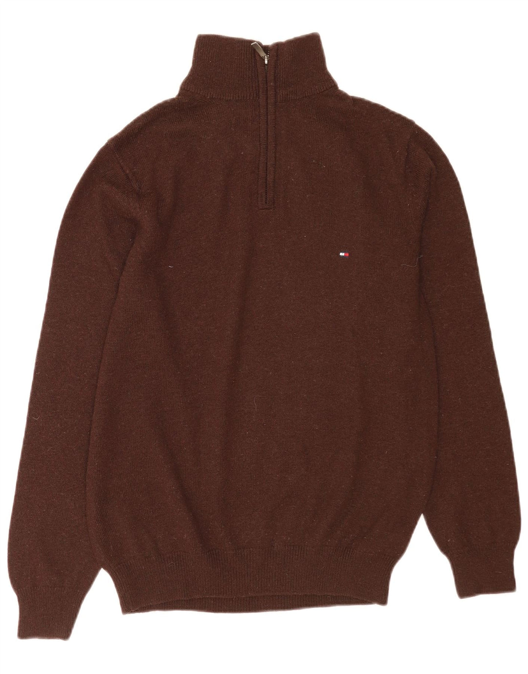 Tommy Hilfiger Jersey con cuello y cremallera para hombre pequeño de lana de cordero marrón