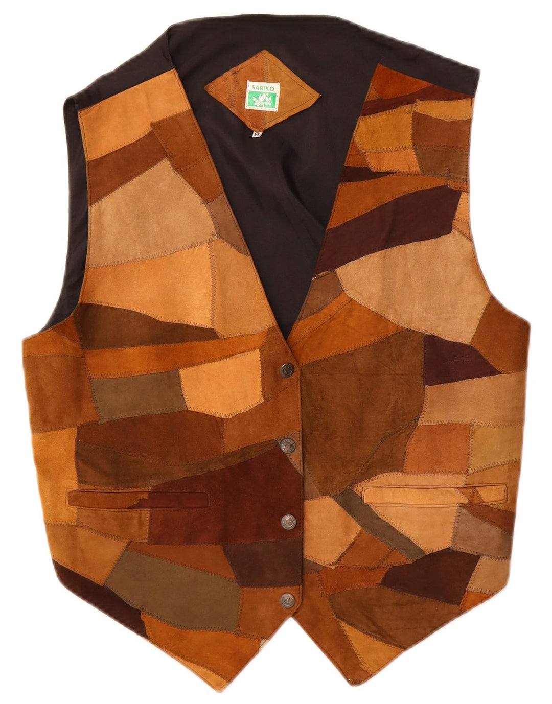 Vintage mujer ante chaleco Reino Unido 14 marrón medio patchwork cuero