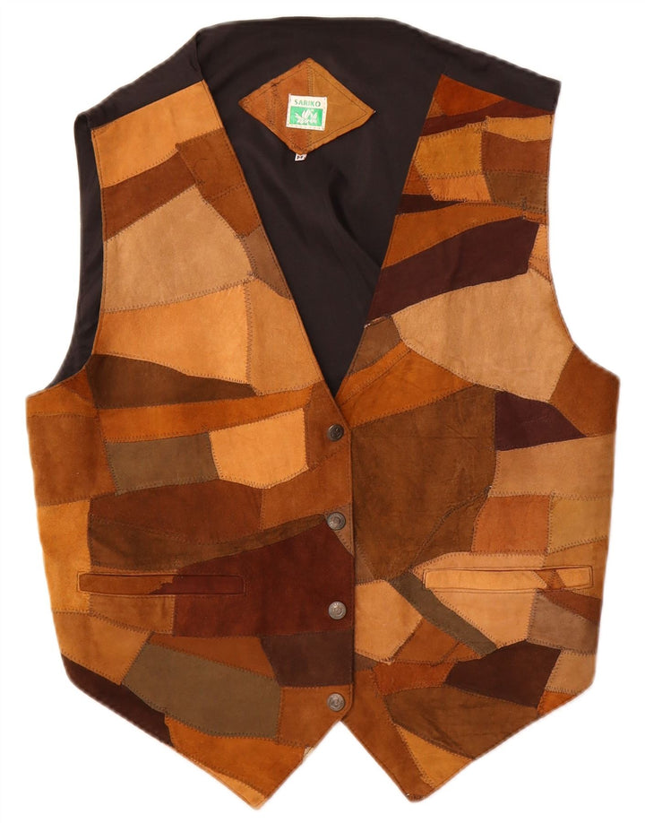 Vintage mujer ante chaleco Reino Unido 14 marrón medio patchwork cuero