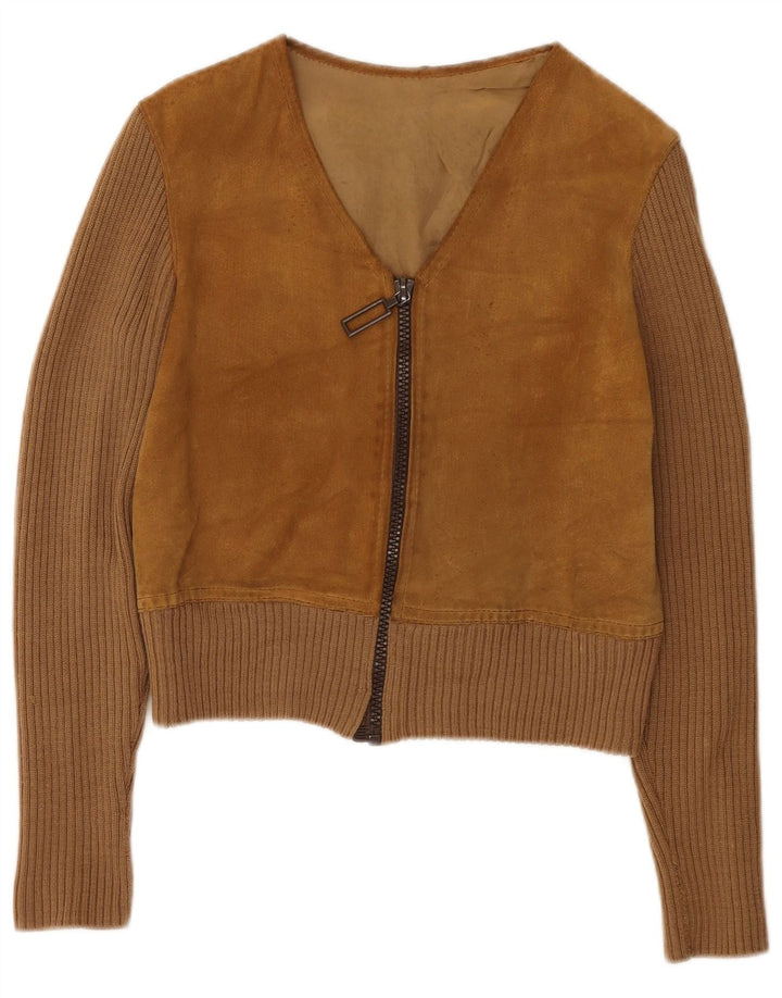 Vintage mujer crop ante chaqueta Reino Unido 14 marrón medio