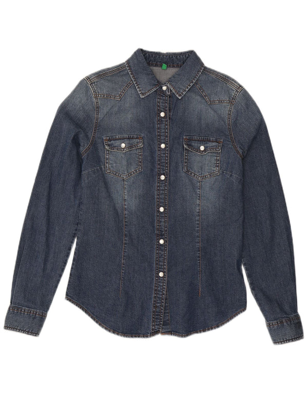 Benetton Camisa Vaquera Estampada De Mujer ES 42 Azul Medio Algodón