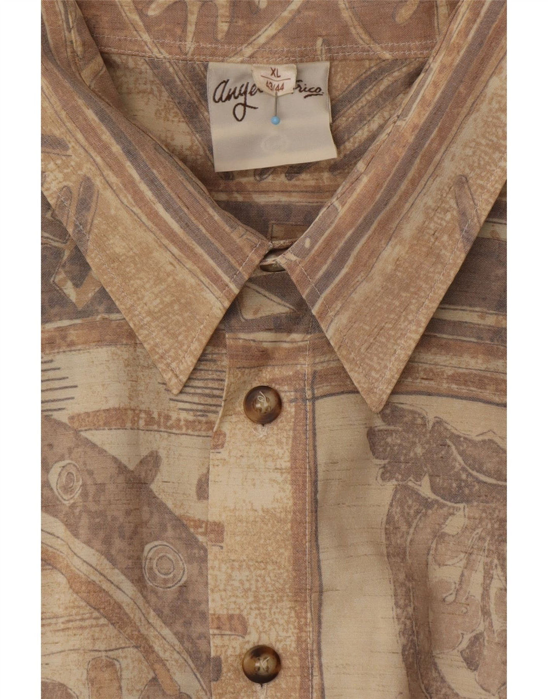 ANGELO LITRICO Camisa Manga Corta Hombre Talla 43/44 XL Beige Geométrico Azteca