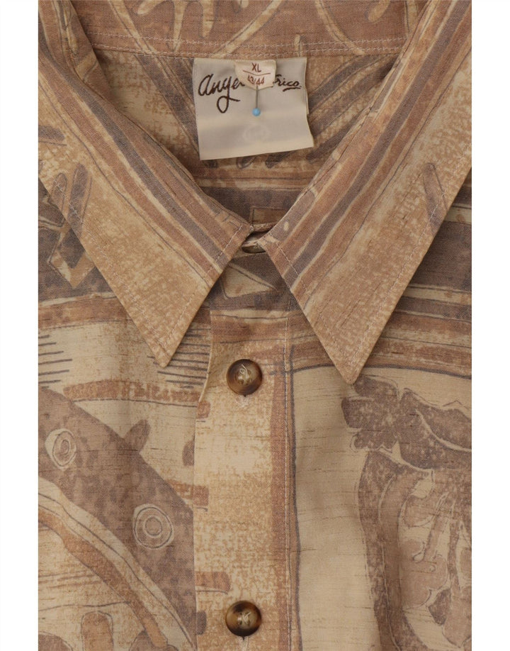 ANGELO LITRICO Camisa Manga Corta Hombre Talla 43/44 XL Beige Geométrico Azteca