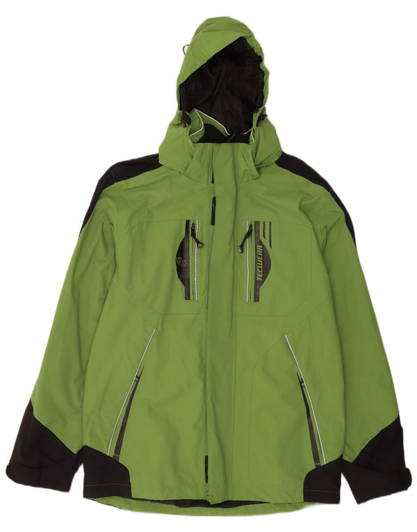 Vintage hombres chaqueta de lluvia con capucha Reino Unido 38/40 medio verde colorblock poliamida
