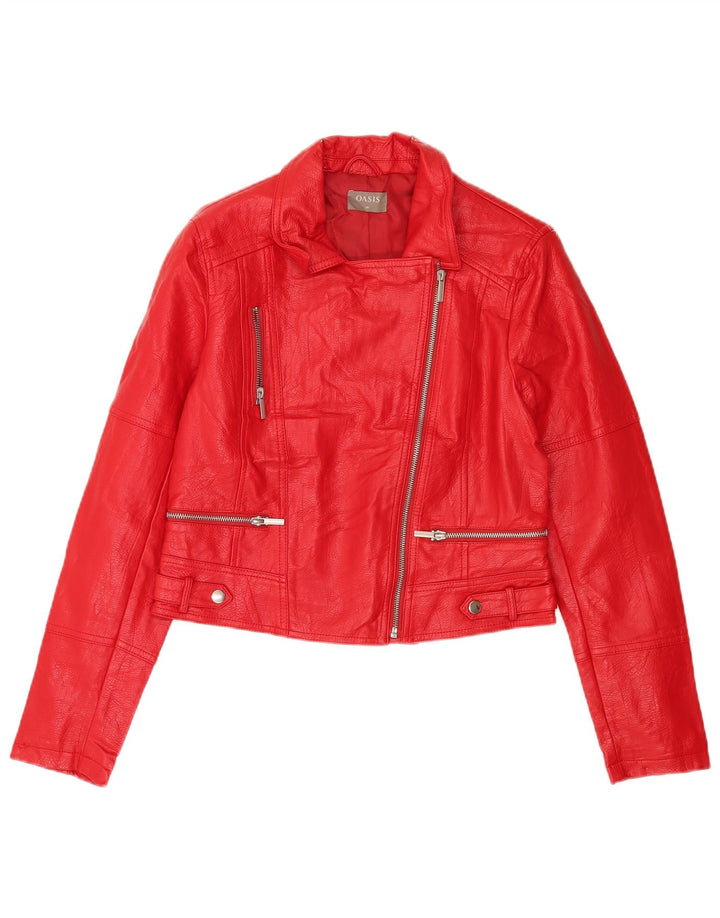 Oasis - Chaqueta motera de piel sintética para mujer, talla 40, poliuretano rojo mediano