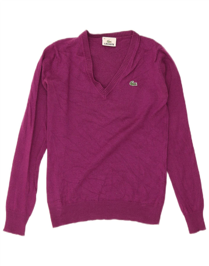 Lacoste Jersey con cuello en V para mujer Talla 36 Pequeño Lana morada