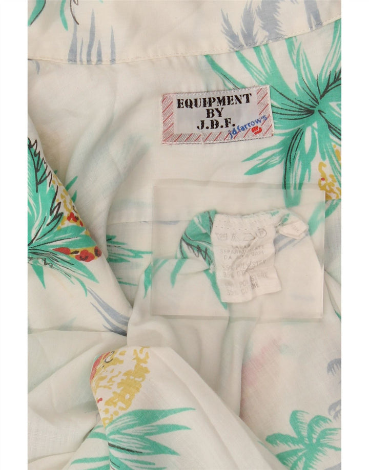 Vintage hombres camisa de manga corta medio blanco poliéster hawaiano