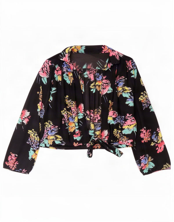 Blusa tipo camisa corta vintage para mujer UK 46 Grande Negro Floral