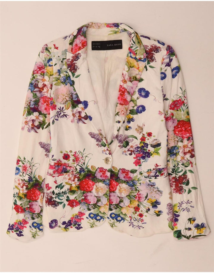Zara Chaqueta Blazer De 1 Botón para Mujer UK 10 Small White Floral Viscose