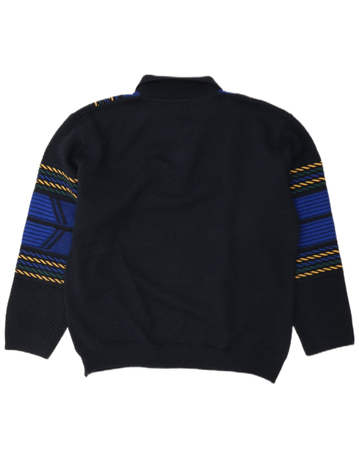 Vintage hombres polo cuello jersey suéter medio azul marino rayas poliacrílico