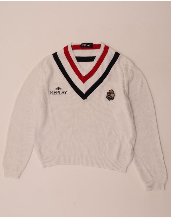 Replay Suéter gráfico con cuello en V para mujer UK 46 Large Blanco Colorblock