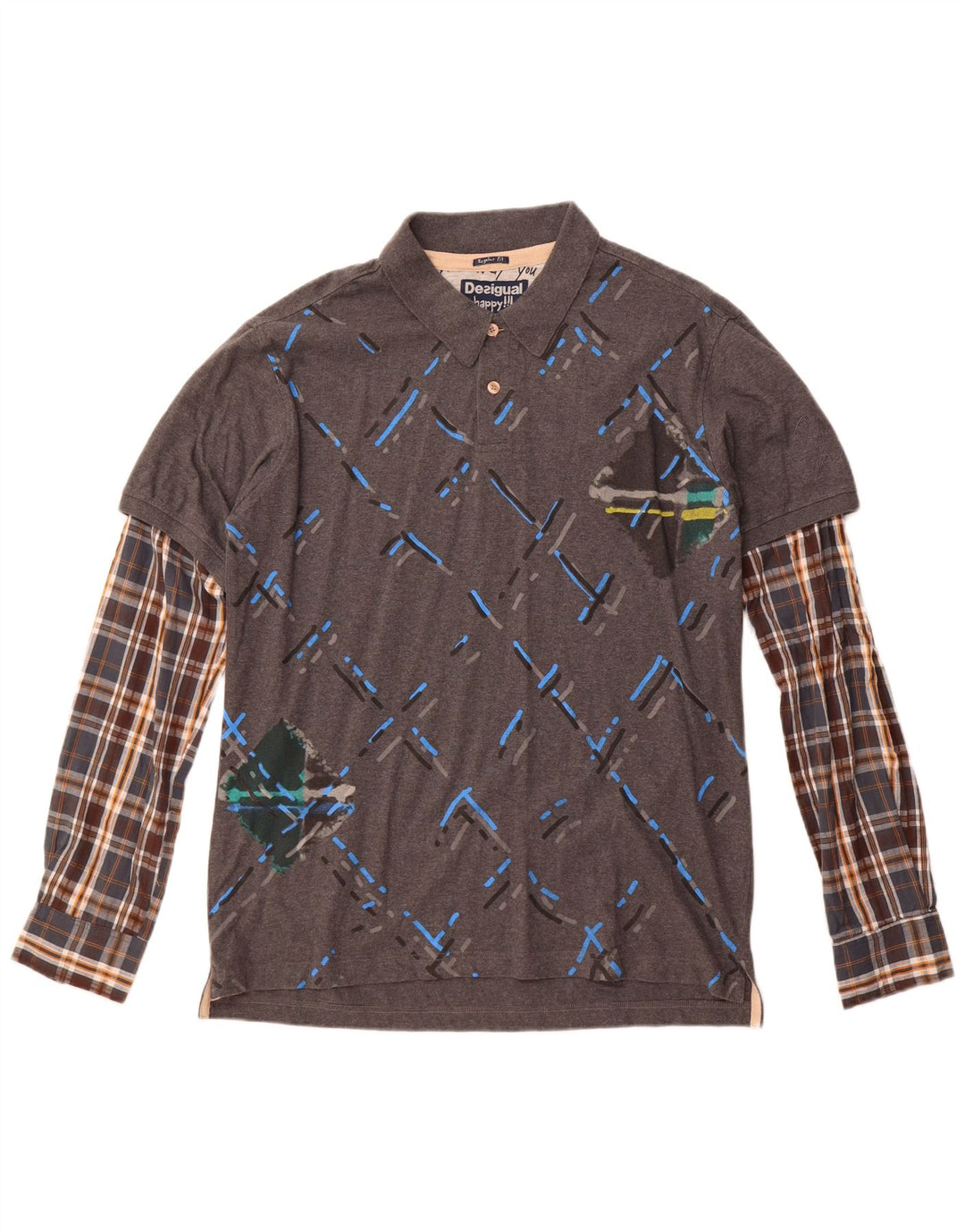 Desigual Polo Regular Manga Larga Hombre XL Gris Cuadros Algodón