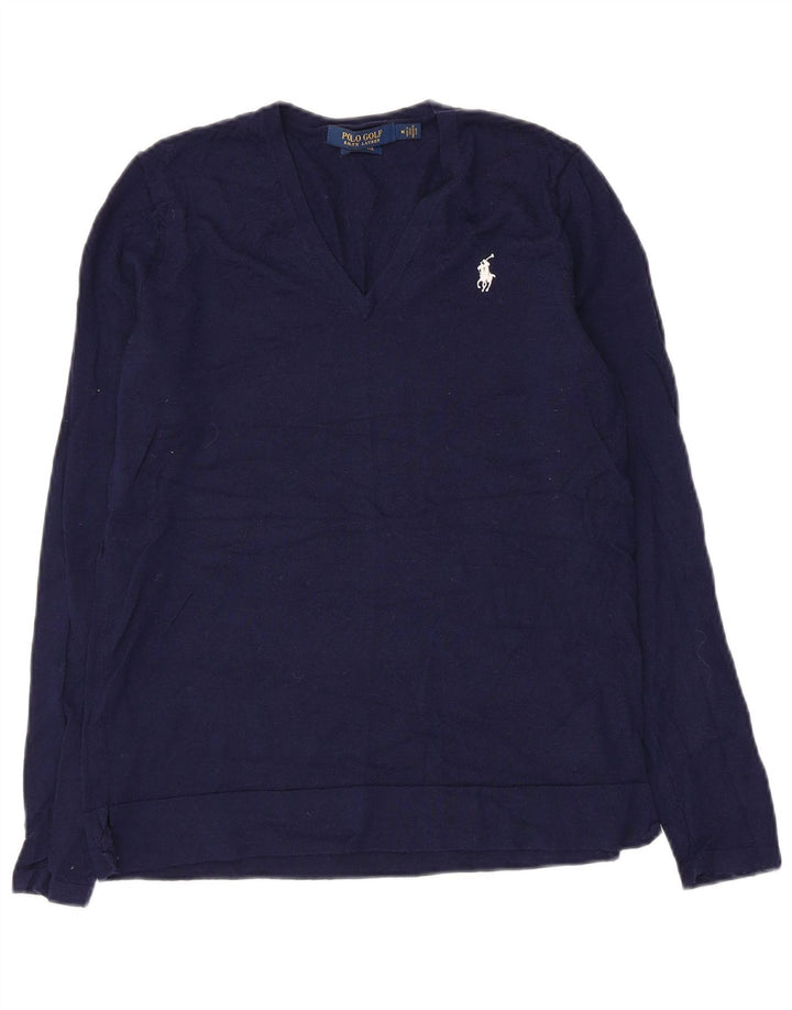 Polo Ralph Lauren - Jersey con cuello en V para mujer, talla 12, lana azul marino mediana