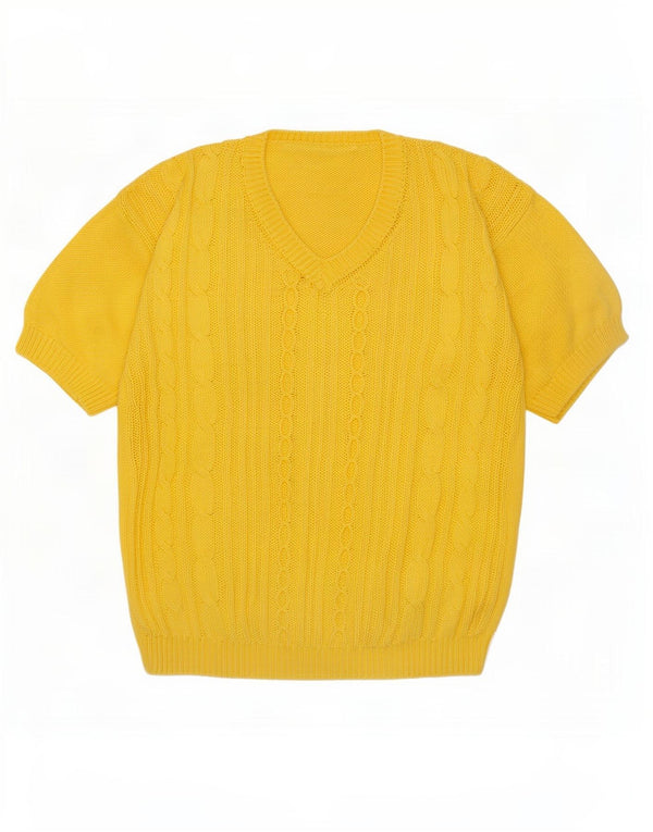 Vintage mujer manga corta V-cuello jumper suéter Reino Unido 14 amarillo medio