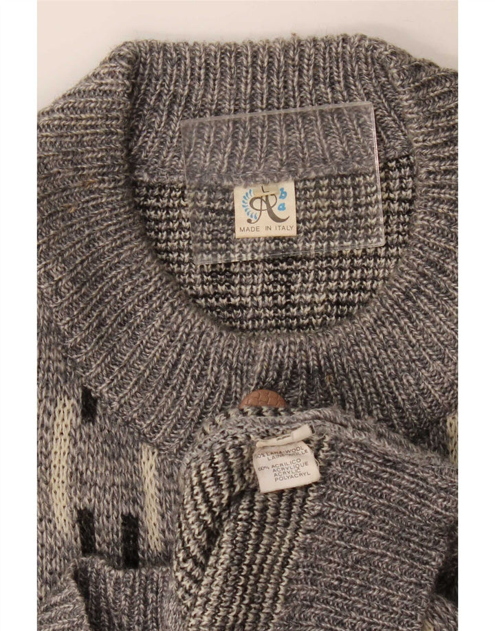 Vintage hombres Cardigan suéter grande gris lana geométrica